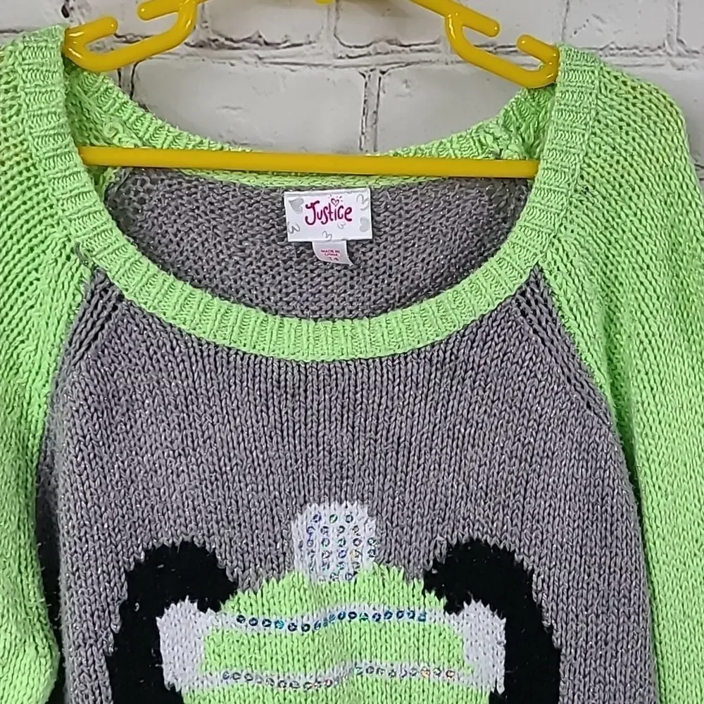 Justice Cute Winter Bear Sweater Girls 14 Pullover Neon Green/Gray Long Sleeves